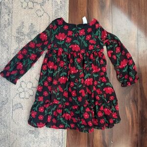 Toddler girl Christmas Long-Sleeve Dress with Red Floral Print
